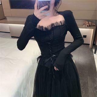 Set: Mesh Trim Long-sleeve Top + A-line Midi Mesh Skirt