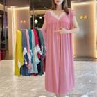 Cap-sleeve V-neck Lace Trim Midi Sleep Dress