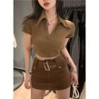 Short-sleeve V-neck Plain Cropped Polo-shirt Coffee - One Size