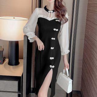 Bell-sleeve Two-tone Slit Sheath Dress