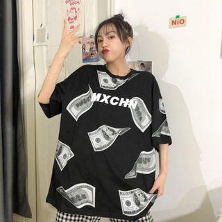 Banknote Print Elbow-sleeve T-shirt