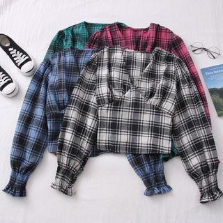 Deep V-neck Checker Crop Top
