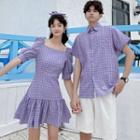 Couple Matching Short-sleeve Gingham Shirt / Puff-sleeve Gingham A-line Dress / Shorts