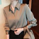 Long-sleeve Satin Shirt / Plain Slit Midi Pencil Skirt
