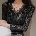 Long-sleeve V-neck Lace Top Black - One Size