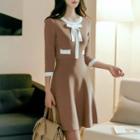3/4-sleeve Bow Neck Knitted A-line Dress