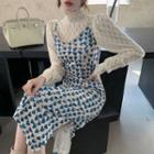 Lace Blouse / Spaghetti Strap Pattern Slit Midi Dress