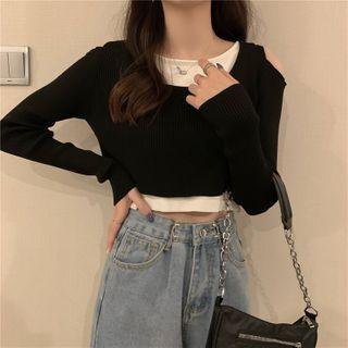 Mock Two-piece Cold-shoulder Knit Crop Top