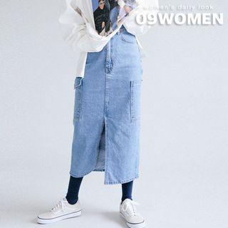 Plus Size Slit-front Long Denim Cargo Skirt