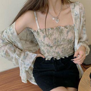 Set : Print Shirt + Ruched Suspender Top