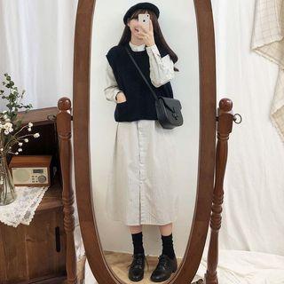 Long-sleeve Striped Shirtdress / Knit Vest