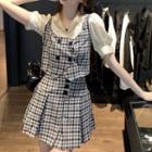 Mock Two-piece Short-sleeve Plaid Double-breasted Blouse / Mini Skirt