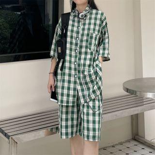 Set: Elbow-sleeve Plaid Shirt + Wide Leg Shorts