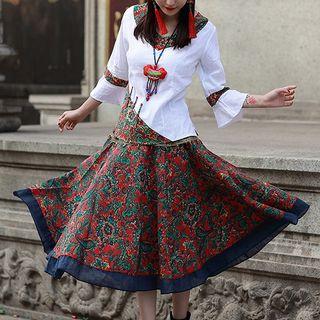 Set: 3/4-sleeve Patterned Top + A-line Midi Skirt
