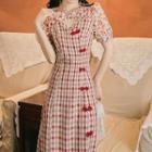 Short-sleeve Plaid Panel Frog-button Midi A-line Dress