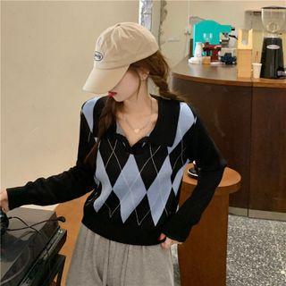 Long Sleeve Open-placket Argyle Polo Shirt Blue - One Size