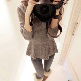 Plain Long-sleeve Peplum Top
