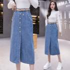 High-waist Faux Pearl Panel Slit Denim Skirt