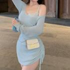 Long-sleeve Boot-neck Knit Mini Bodycon Dress / Camisole Top