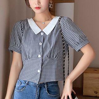Plaid Collared Short-sleeve Blouse