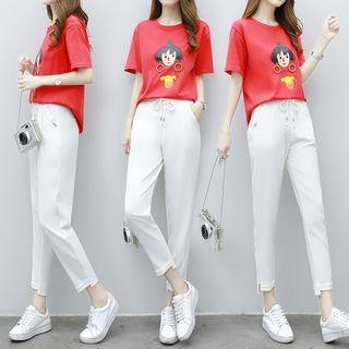Set: Short-sleeve Printed T-shirt + Cropped Harem Pants