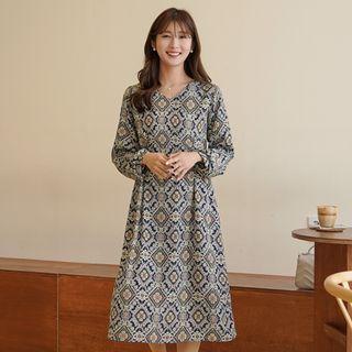 V-neck Tie-waist Ethnic-pattern Dress