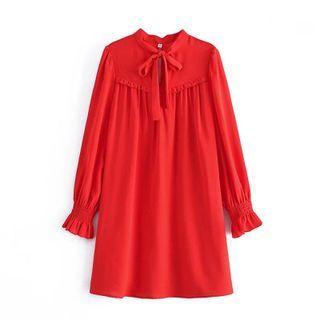Long-sleeve Tie-neck Frill Trim Shirt Dress