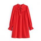 Long-sleeve Tie-neck Frill Trim Shirt Dress