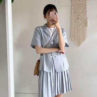 Set: Short-sleeve Blazer + Inset Shorts Pleated Mini Skirt
