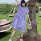 Short-sleeve Midi A-line Shirt Dress Purple - One Size