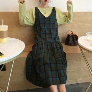 Long-sleeve Plain T-shirt / Plaid Jumper Dress