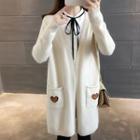 Cat Print Open Front Long Cardigan