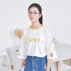 Elbow-sleeve Cutout Embroidery T-shirt
