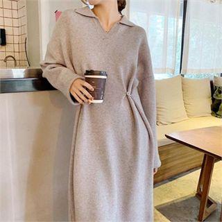 Collared Button-waist Knit Dress
