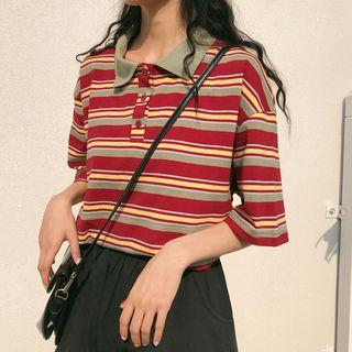 Elbow-sleeve Striped Polo Collar Long T-shirt