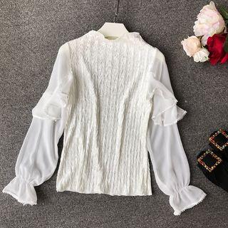 Mock-neck Chiffon Panel Long-sleeve Top