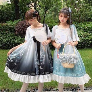 Square-neck Printed Short-sleeve A-line Dress
