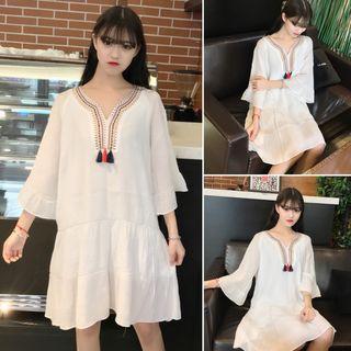 Embroidered V-neck 3/4-sleeve A-line Dress