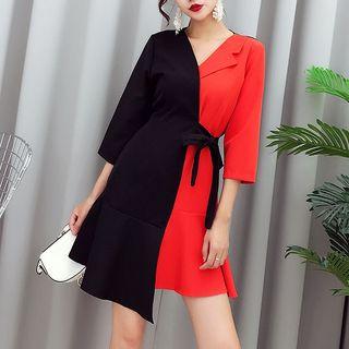 Elbow-sleeve Asymmetrical Dress With Sash