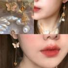 Non-matching Alloy Butterfly Faux Pearl Dangle Earring