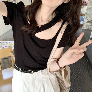Short-sleeve Plain Cutout Top Black - One Size