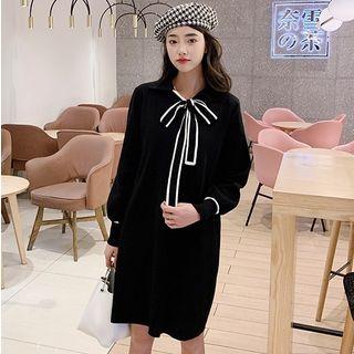 Long-sleeve Bow-accent Mini Knit Dress