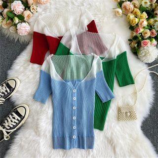 Mesh Panel Color-block Short-sleeve Knit Cardigan
