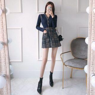 Plaid Panel Napped Minidress With Belt Navy Blue - One Size