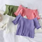 Off Shoulder Striped Short-sleeved Lace Knit Top