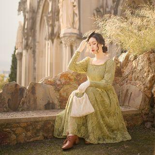 Lace-sleeve Midi A-line Lace Dress