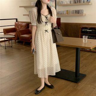 Short-sleeve Dotted Midi A-line Dress Black Dot - Beige - One Size