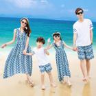 Family Matching Sleeveless V-neck Dress/ Set: Short-sleeve V-neck T-shirt + Drawstring Shorts