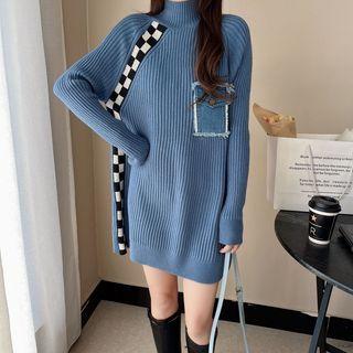 Denim Panel High-neck Sweater Dress