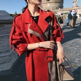 Plaid Panel Tie-waist Open-front Midi Coat